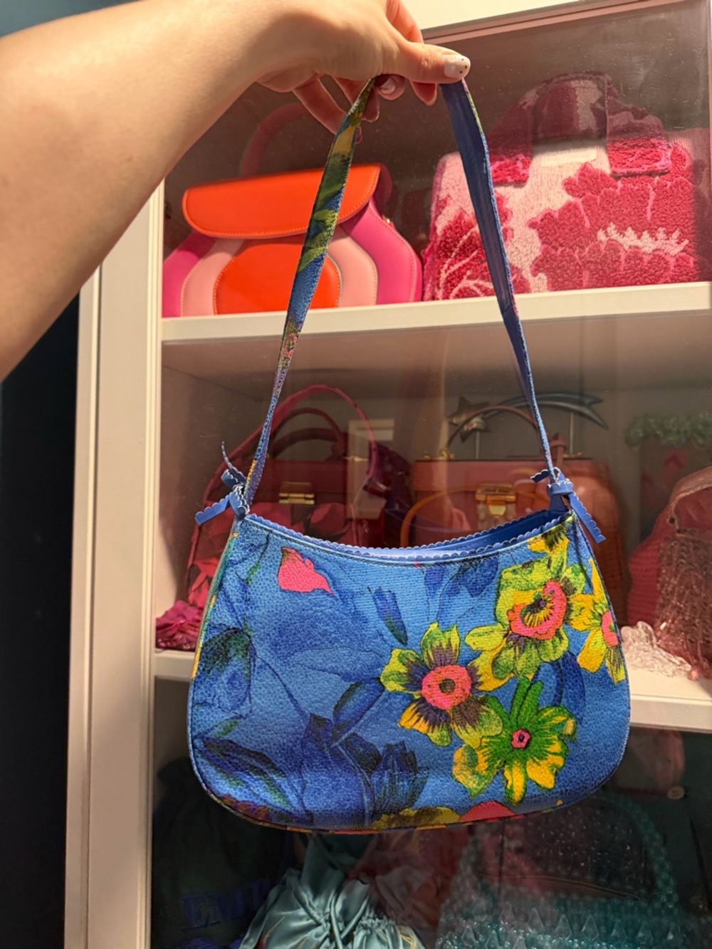 Vintage Y2K blue floral baguette shoulder bag by Stuart Weitzman